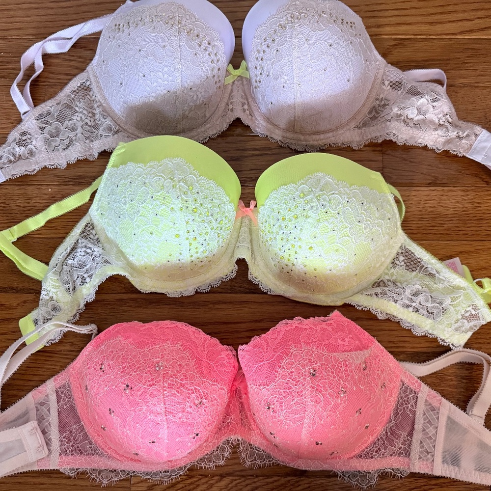 Lot of 3 Victoria's Secret Lace/Stone Demi Bra 32DDD - NWT -  Pink, Yellow, Lila